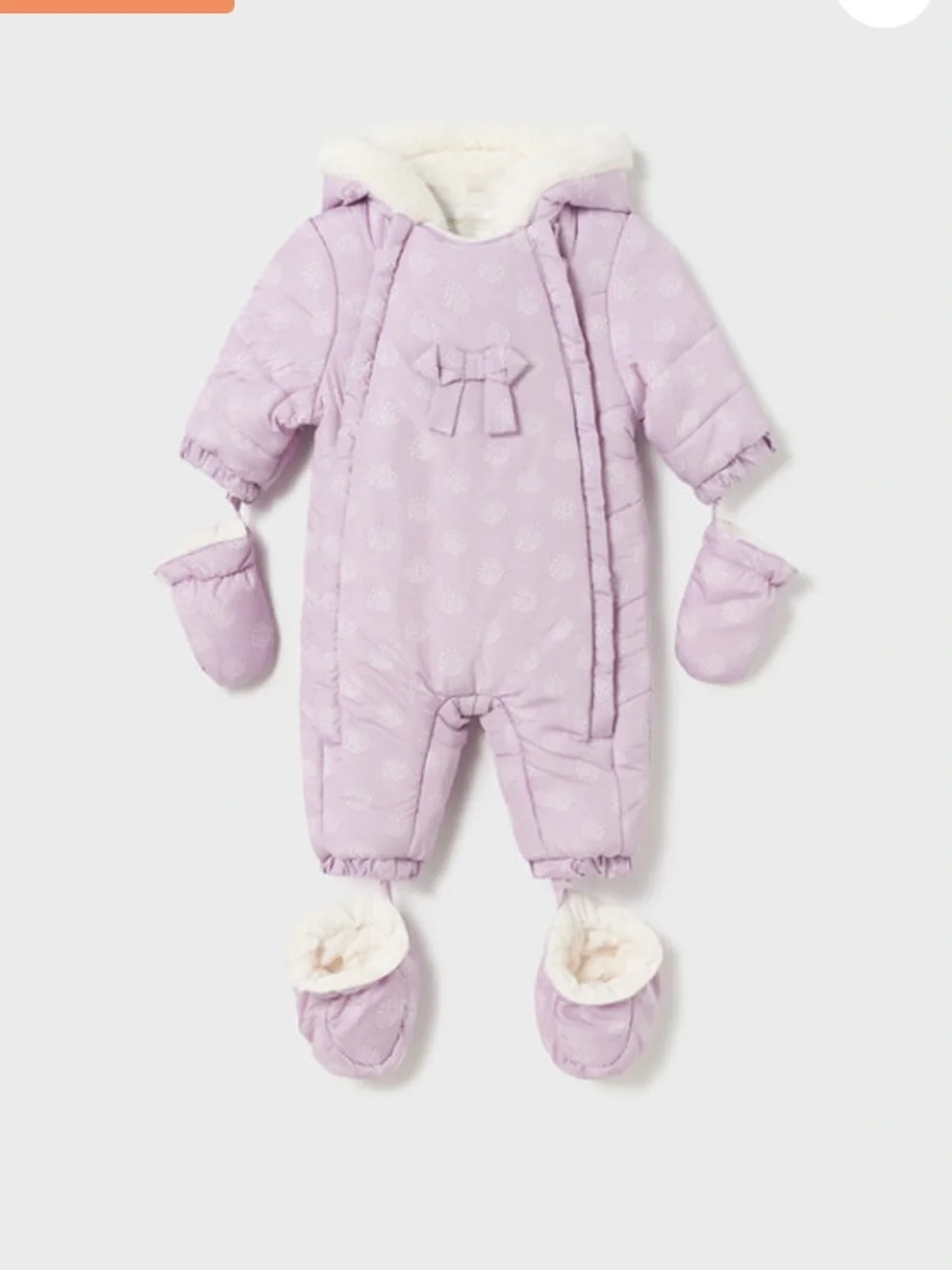 Mayoral Lilac Quilted Hooded Baby One-Piece Snowsuit with Mittens & Booties